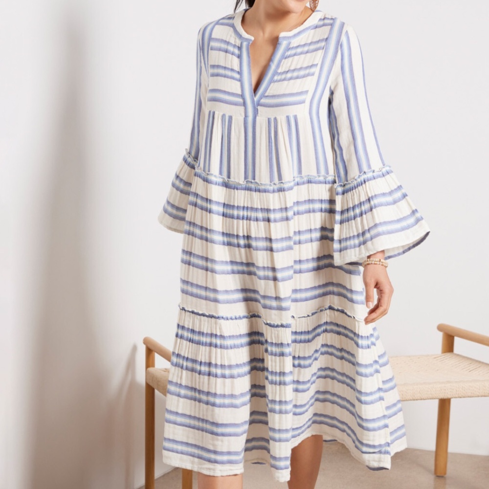 Faherty Dream Cotton Gauze Vida Midi Dress Blue Baja XS Boho Beach Stripe